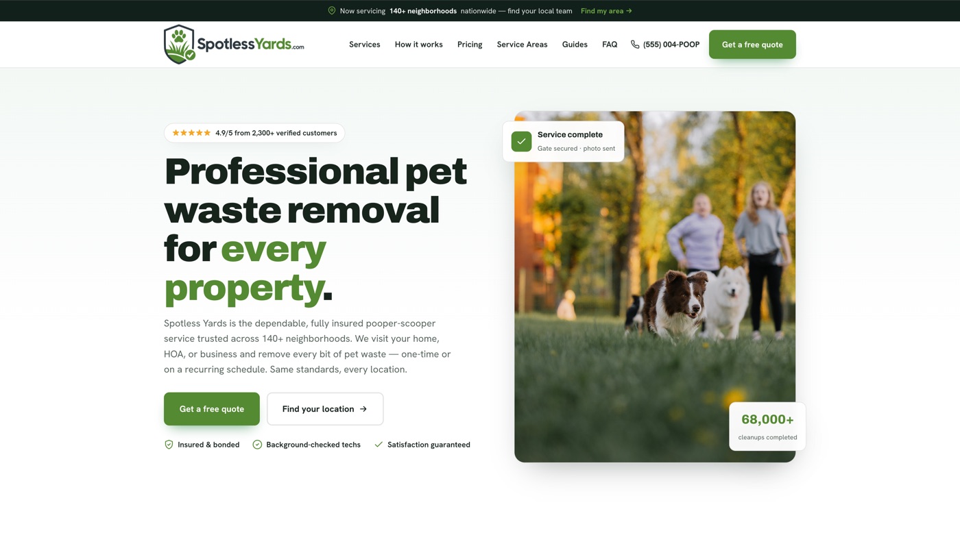 Spotless Yards pet waste removal website — Bay Area small business web design by Netveano