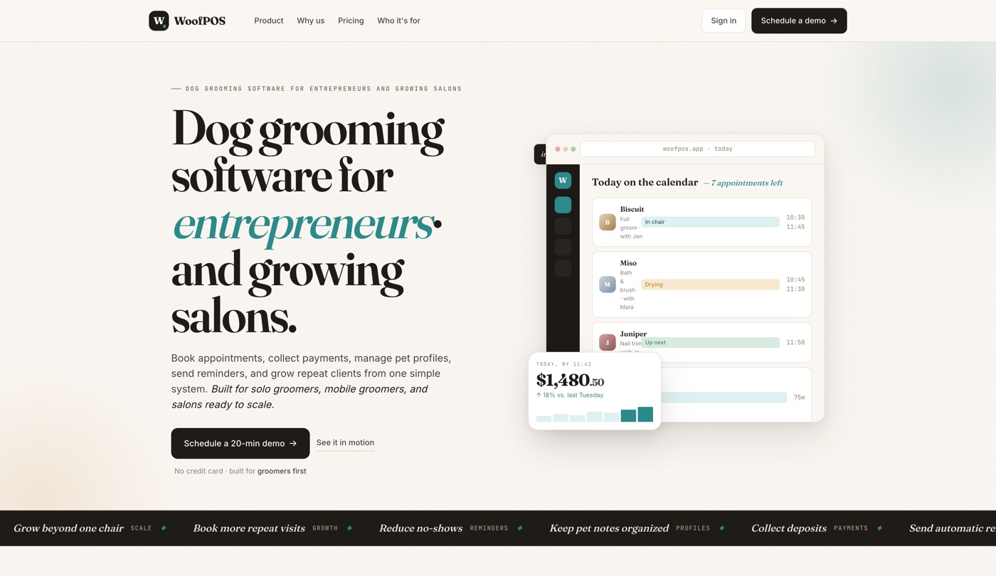 WoofPOS dog grooming software website — Silicon Valley SaaS web design by Netveano
